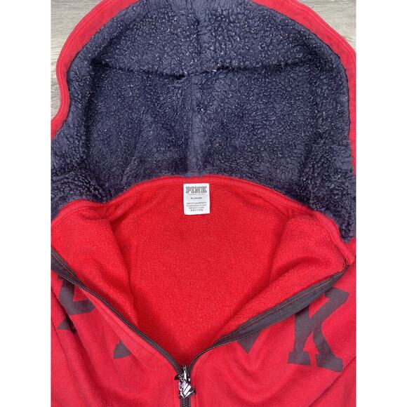 Victoria’s Secret PINK Red Full Zip Hoodie size Medium Black Logo Sweater Sherpa - Picture 3 of 4